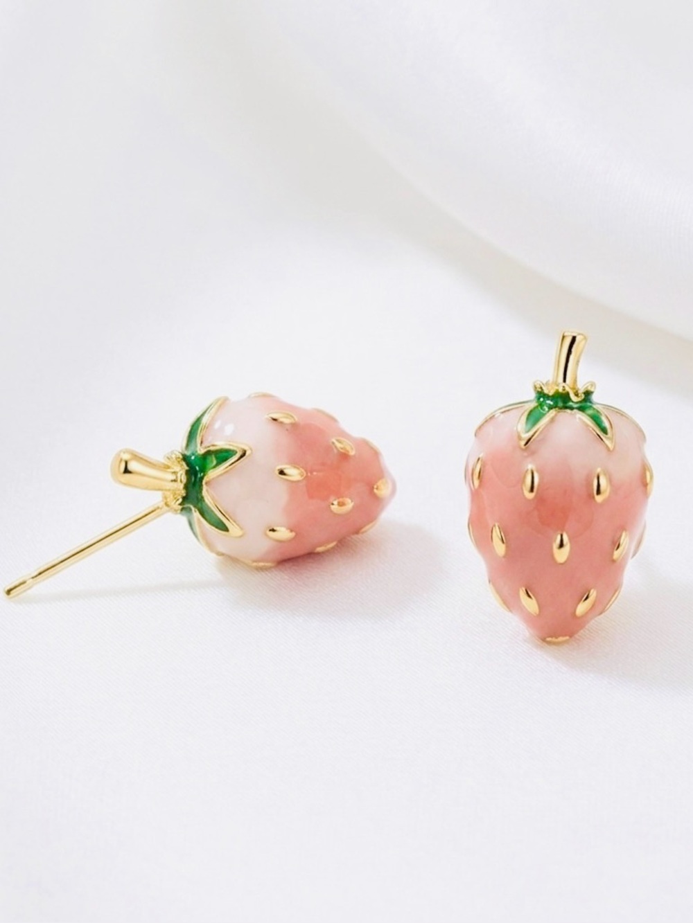“Pink Strawberry” Juicy Yummy Fruit Fruity Bumpy Seeds Kawaii Dainty Gold Studs - Picture 7 of 7